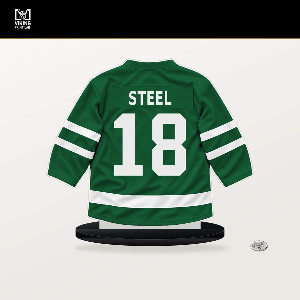 Sam Steel number 18 Dallas Stars jersey stand with included black base.