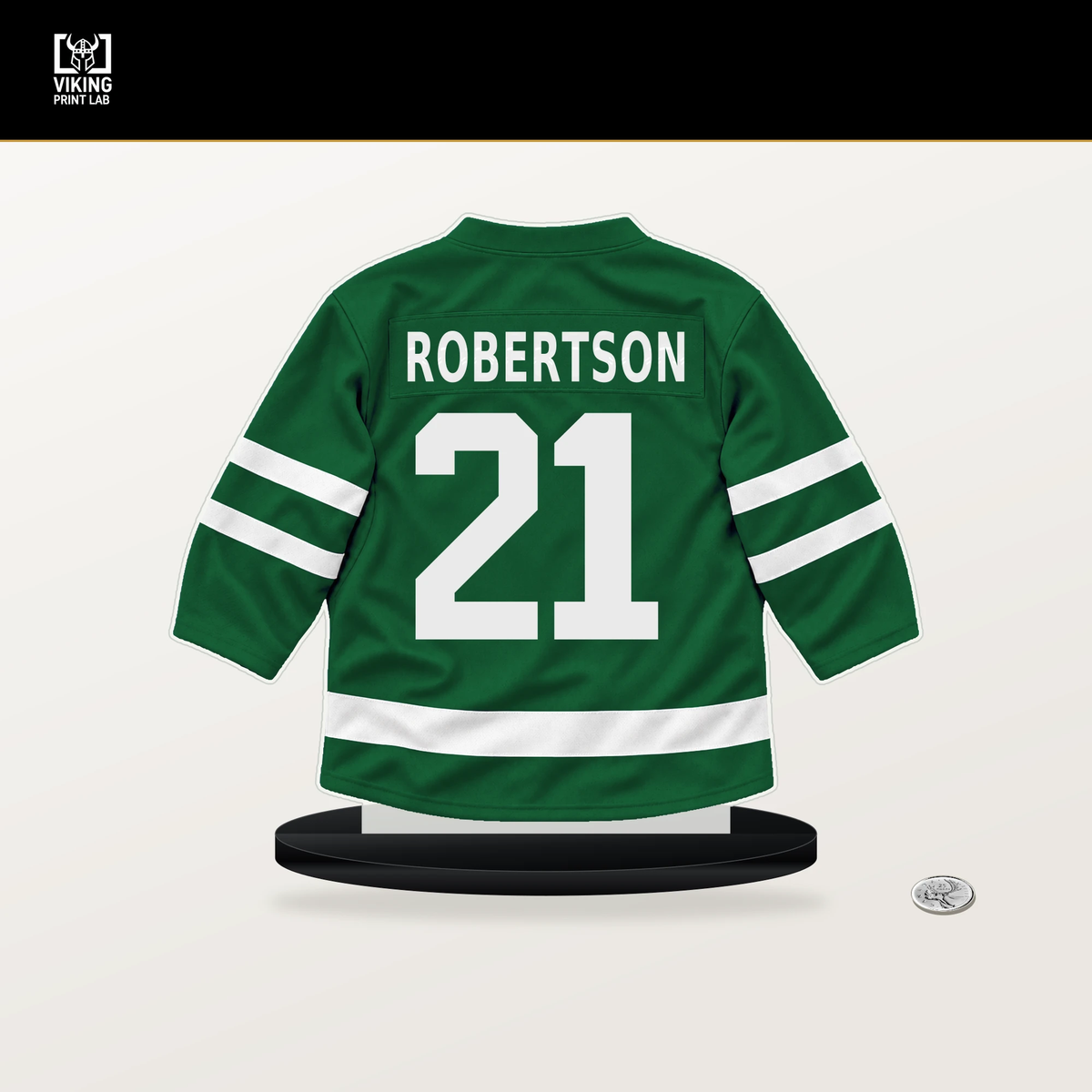 Jason Robertson number 21 Dallas Stars jersey stand with included black base.