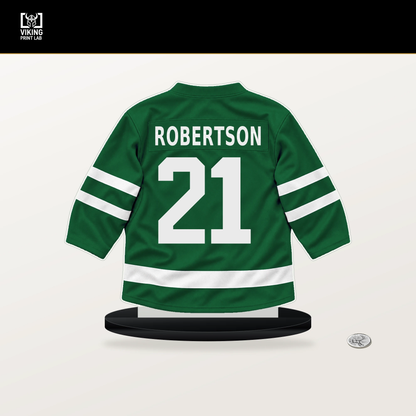 Jason Robertson number 21 Dallas Stars jersey stand with included black base.
