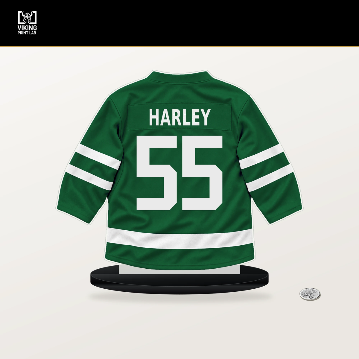 Thomas Harley number 55 Dallas Stars jersey stand with included black base.