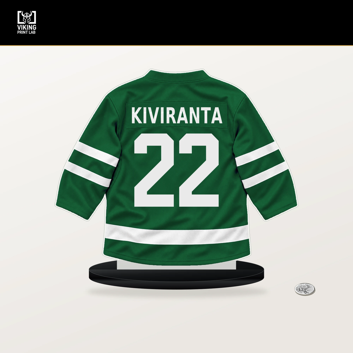 Joel Kiviranta number 22 Dallas Stars jersey stand with included black base.