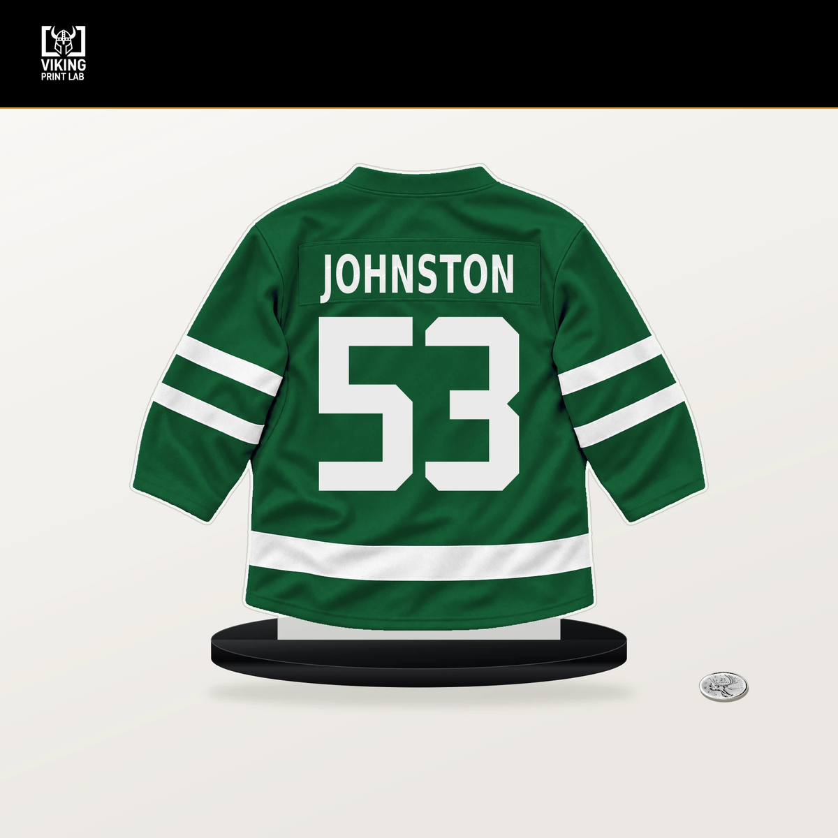 Wyatt Johnston number 53 Dallas Stars jersey stand with included black base.