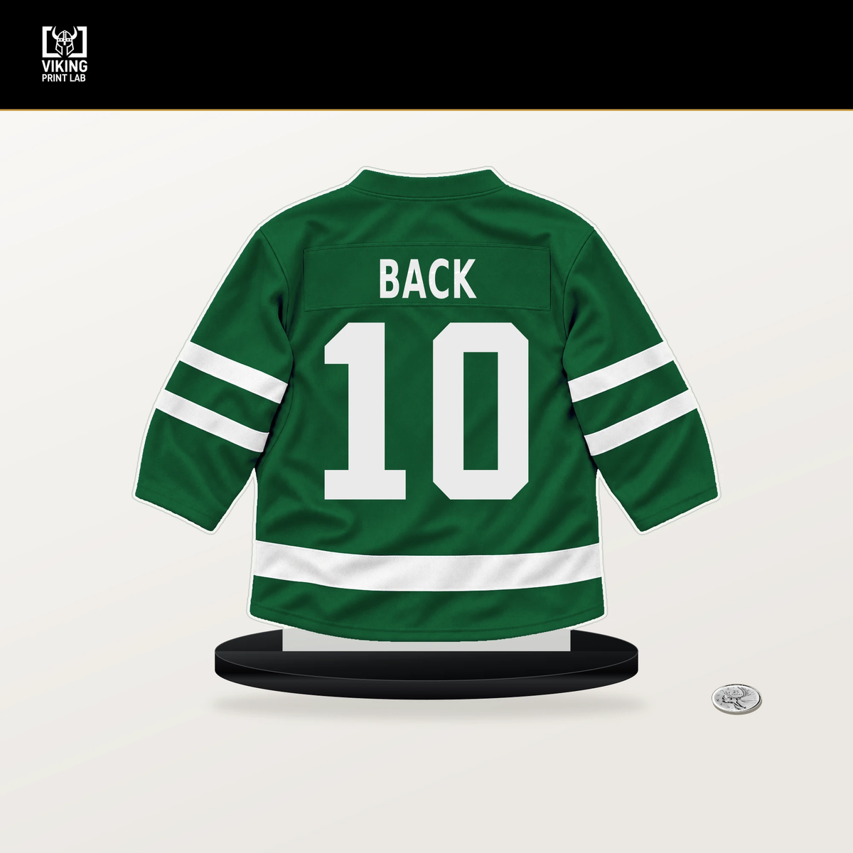 Oskar Back number 10 Dallas Stars jersey stand with included black base.