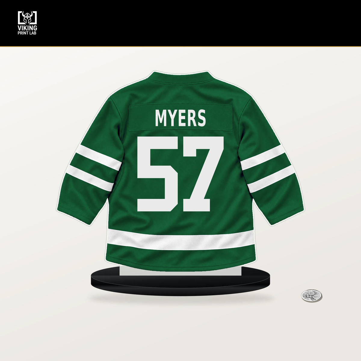 Tyler Myers number 57 Dallas Stars jersey stand with included black base.