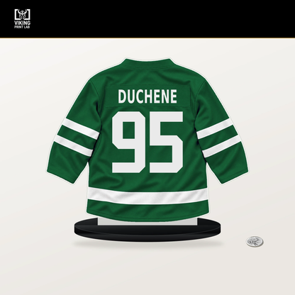 Matt Duchene number 95 Dallas Stars jersey stand with included black base.