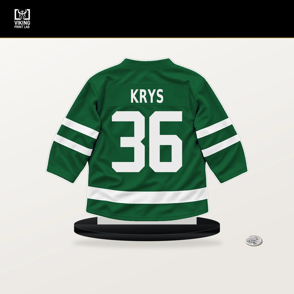 Luke Krys number 36 Dallas Stars jersey stand with included black base.