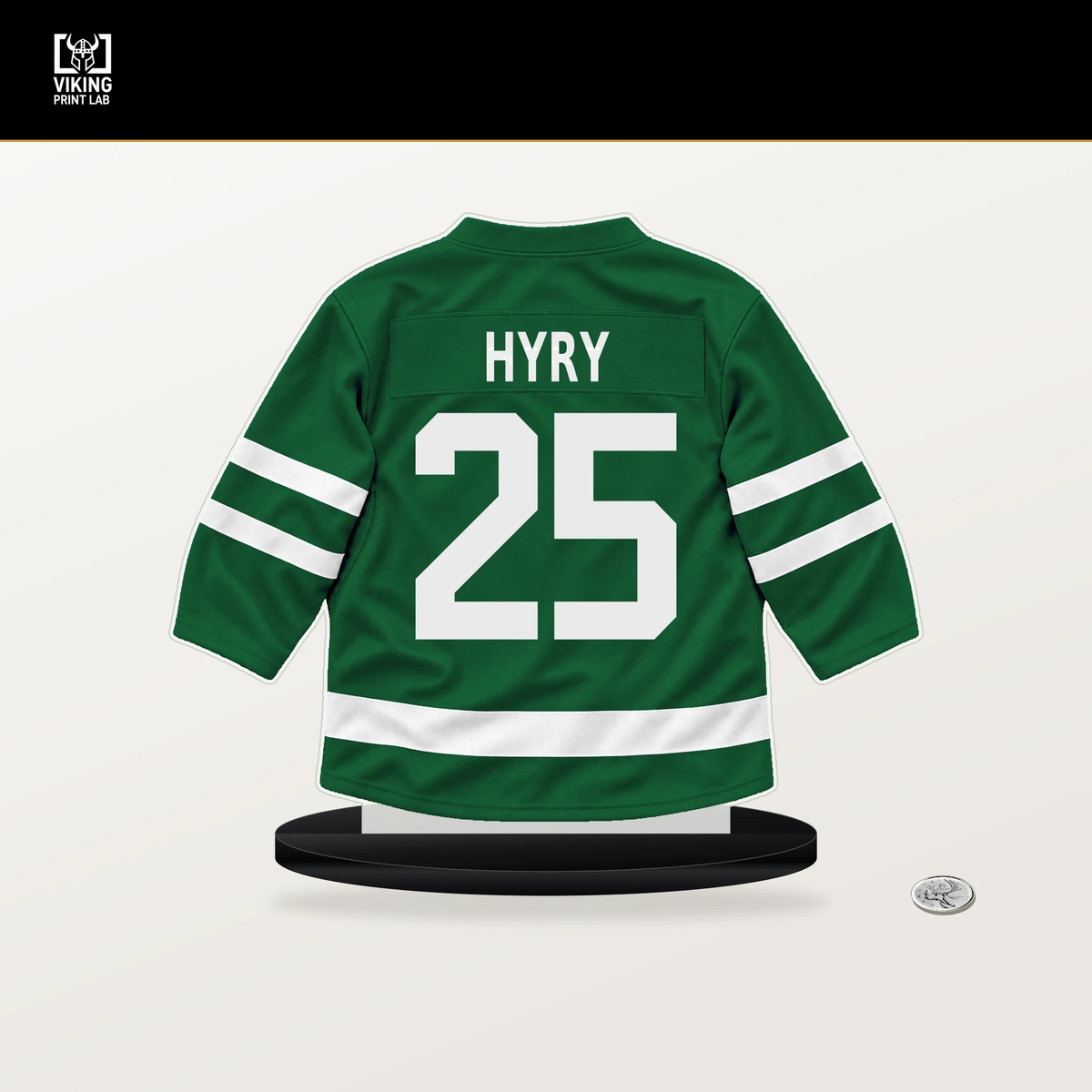 Arttu Hyry number 25 Dallas Stars jersey stand with included black base.