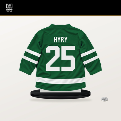 Arttu Hyry number 25 Dallas Stars jersey stand with included black base.