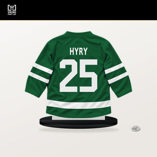 Arttu Hyry number 25 Dallas Stars jersey stand with included black base.