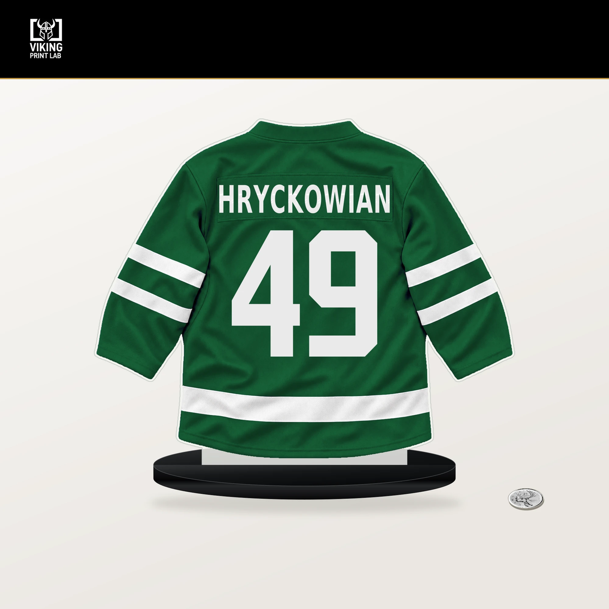 Justin Hryckowian number 49 Dallas Stars jersey stand with included black base.
