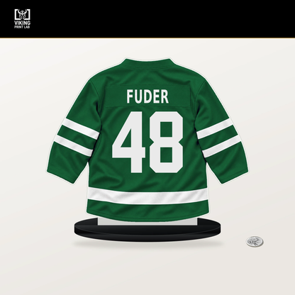 Jaxon Fuder number 48 Dallas Stars jersey stand with included black base.