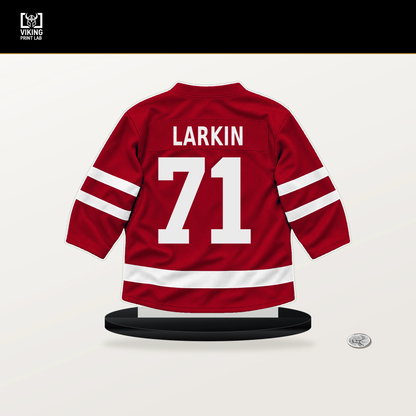 Dylan Larkin number 71 Detroit Red Wings jersey stand with included black base.