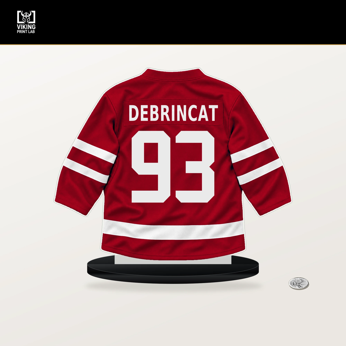 Alex DeBrincat number 93 Detroit Red Wings jersey stand with included black base.