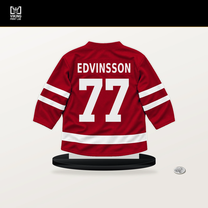 Simon Edvinsson number 77 Detroit Red Wings jersey stand with included black base.