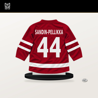 Axel Sandin-Pellikka number 44 Detroit Red Wings jersey stand with included black base.