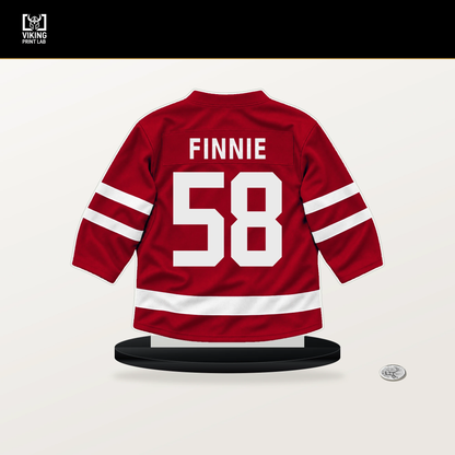 Emmitt Finnie number 58 Detroit Red Wings jersey stand with included black base.