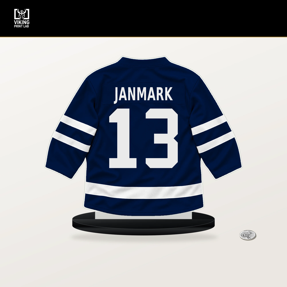 Mattias Janmark number 13 Edmonton Oilers jersey stand with included black base.