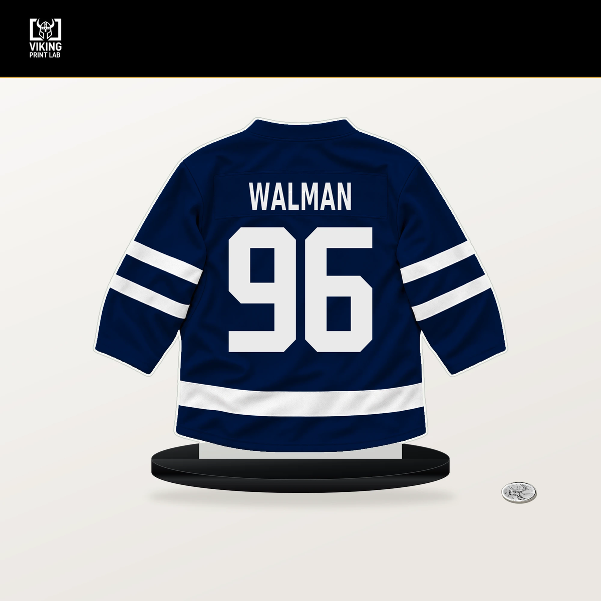 Jake Walman number 96 Edmonton Oilers jersey stand with included black base.