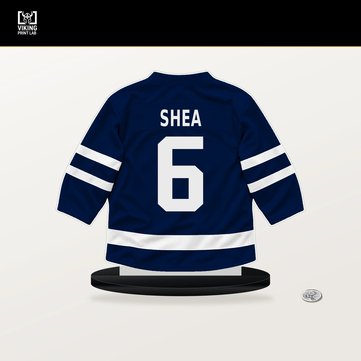 Ryan Shea number 6 Edmonton Oilers jersey stand with included black base.