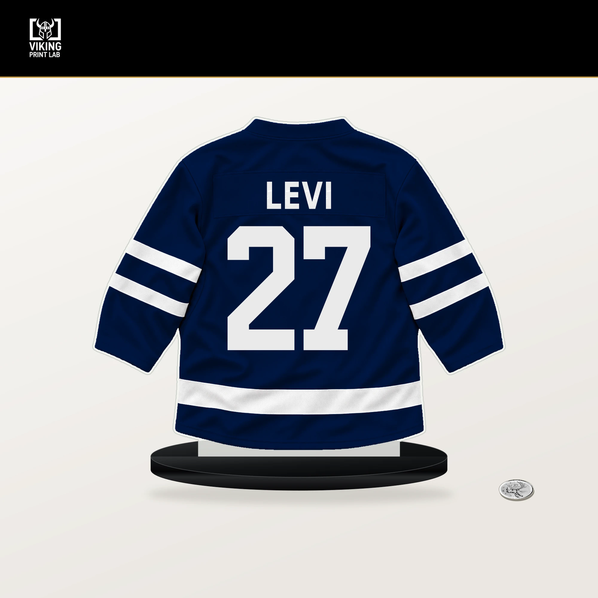 Devon Levi number 27 Edmonton Oilers jersey stand with included black base.