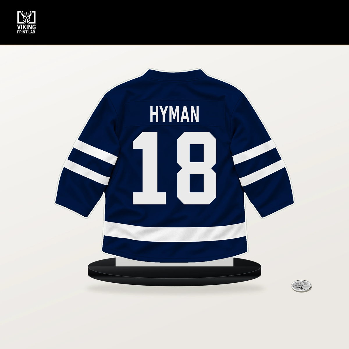 Zach Hyman number 18 Edmonton Oilers jersey stand with included black base.