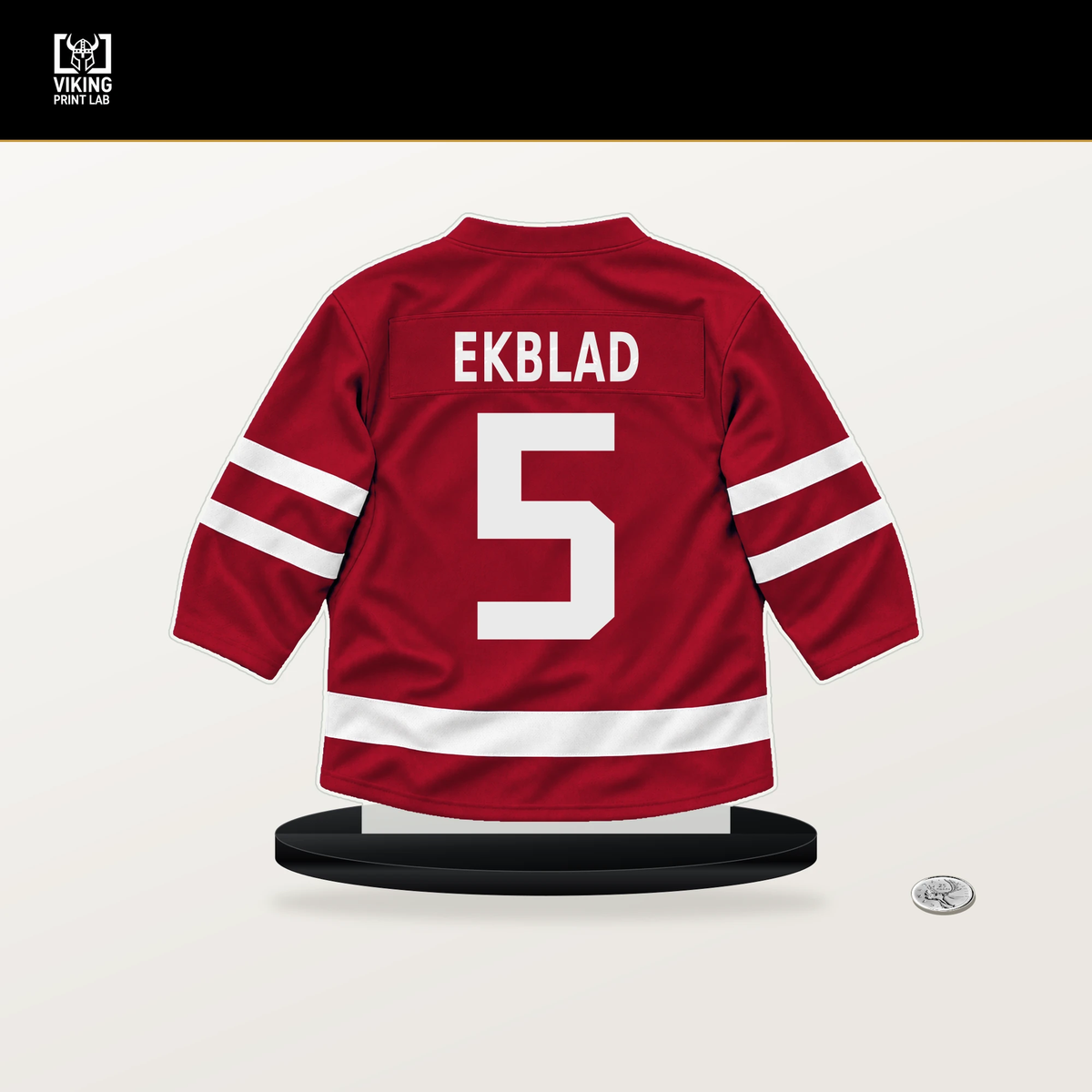 Aaron Ekblad number 5 Florida Panthers jersey stand with included black base.