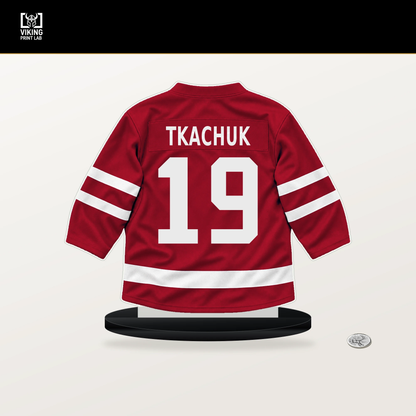 Matthew Tkachuk number 19 Florida Panthers jersey stand with included black base.