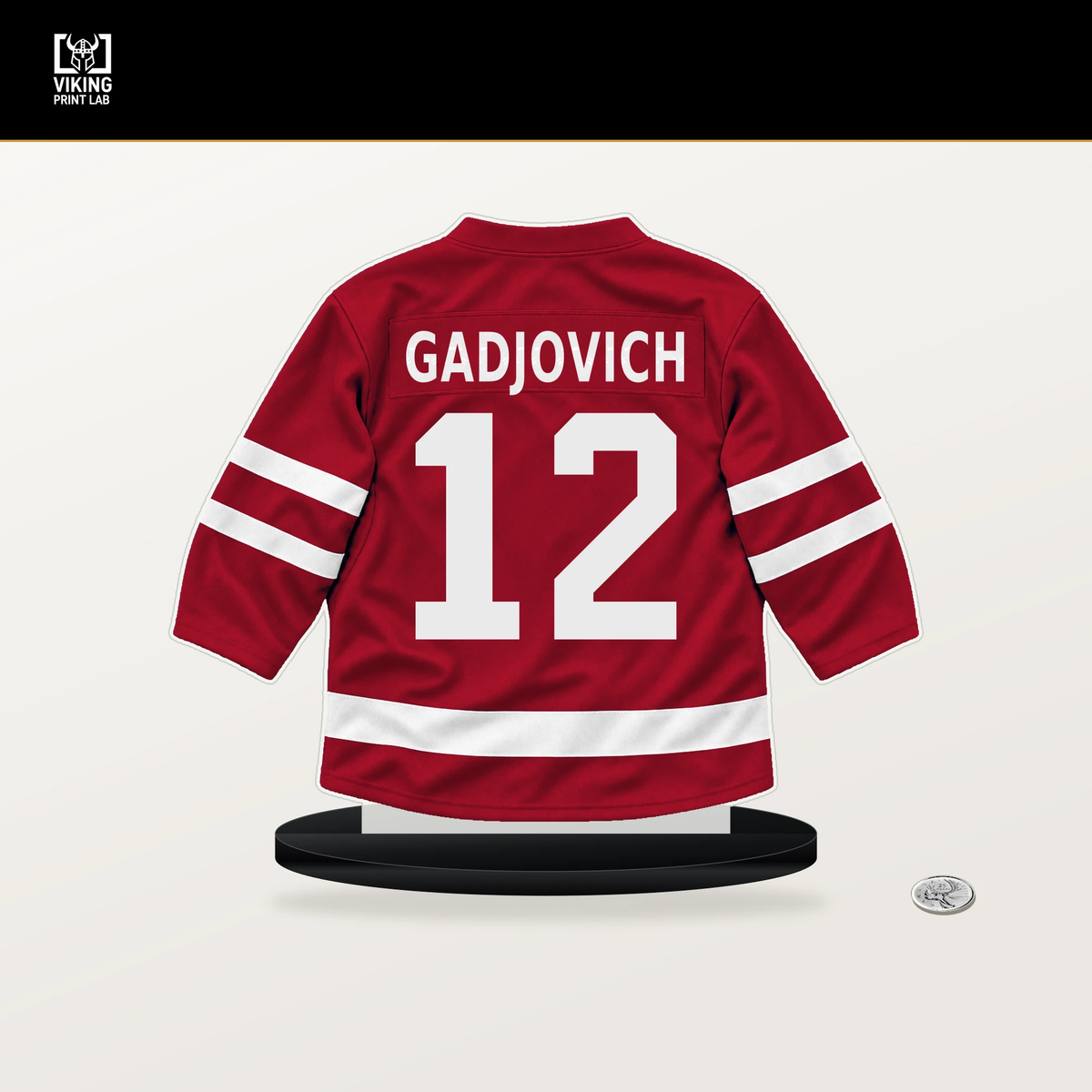 Jonah Gadjovich number 12 Florida Panthers jersey stand with included black base.