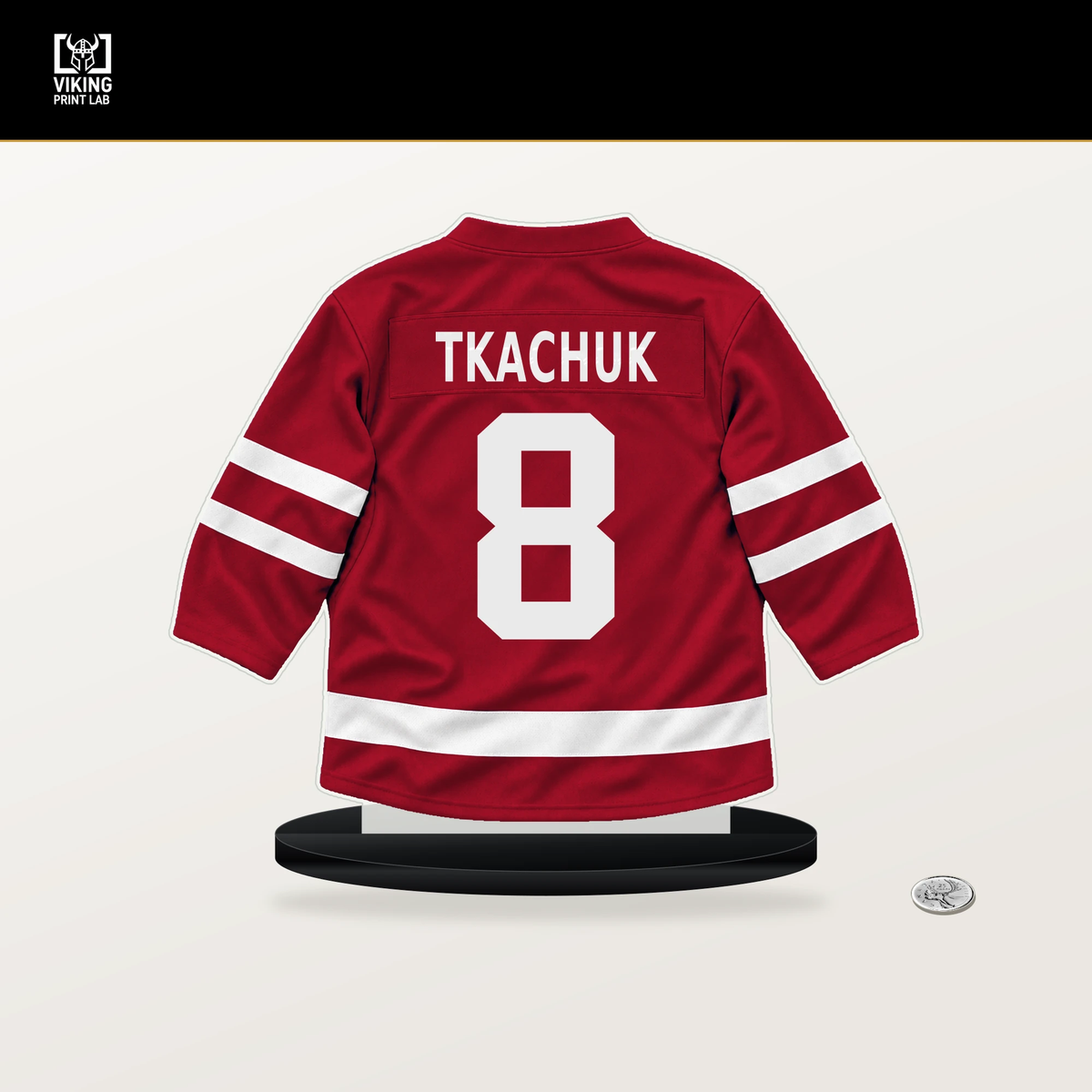 Brady Tkachuk number 8 Florida Panthers jersey stand with included black base.