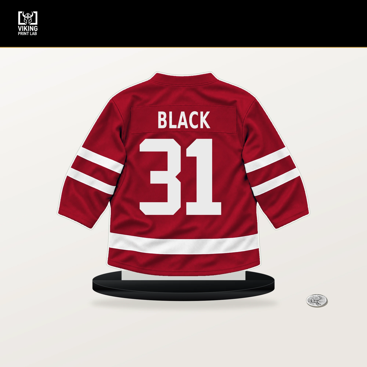 Cooper Black number 31 Florida Panthers jersey stand with included black base.