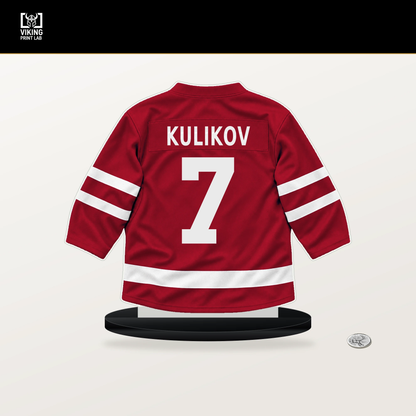 Dmitry Kulikov number 7 Florida Panthers jersey stand with included black base.
