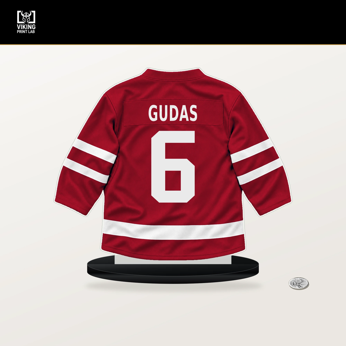 Radko Gudas number 6 Florida Panthers jersey stand with included black base.