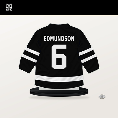 Joel Edmundson number 6 Los Angeles Kings jersey stand with included black base.