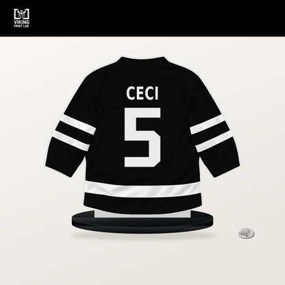 Cody Ceci number 5 Los Angeles Kings jersey stand with included black base.