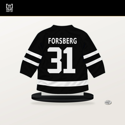 Anton Forsberg number 31 Los Angeles Kings jersey stand with included black base.