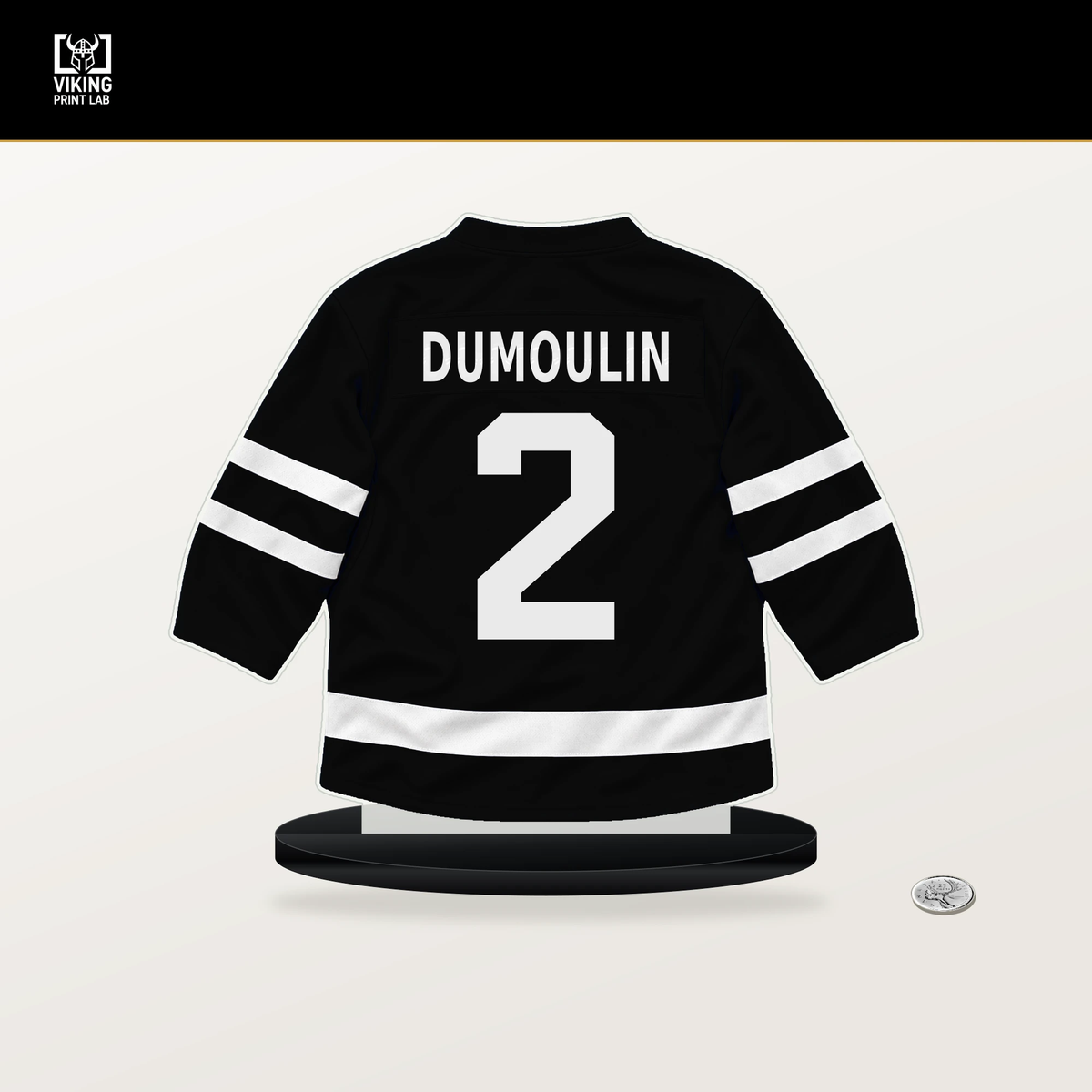 Brian Dumoulin number 2 Los Angeles Kings jersey stand with included black base.