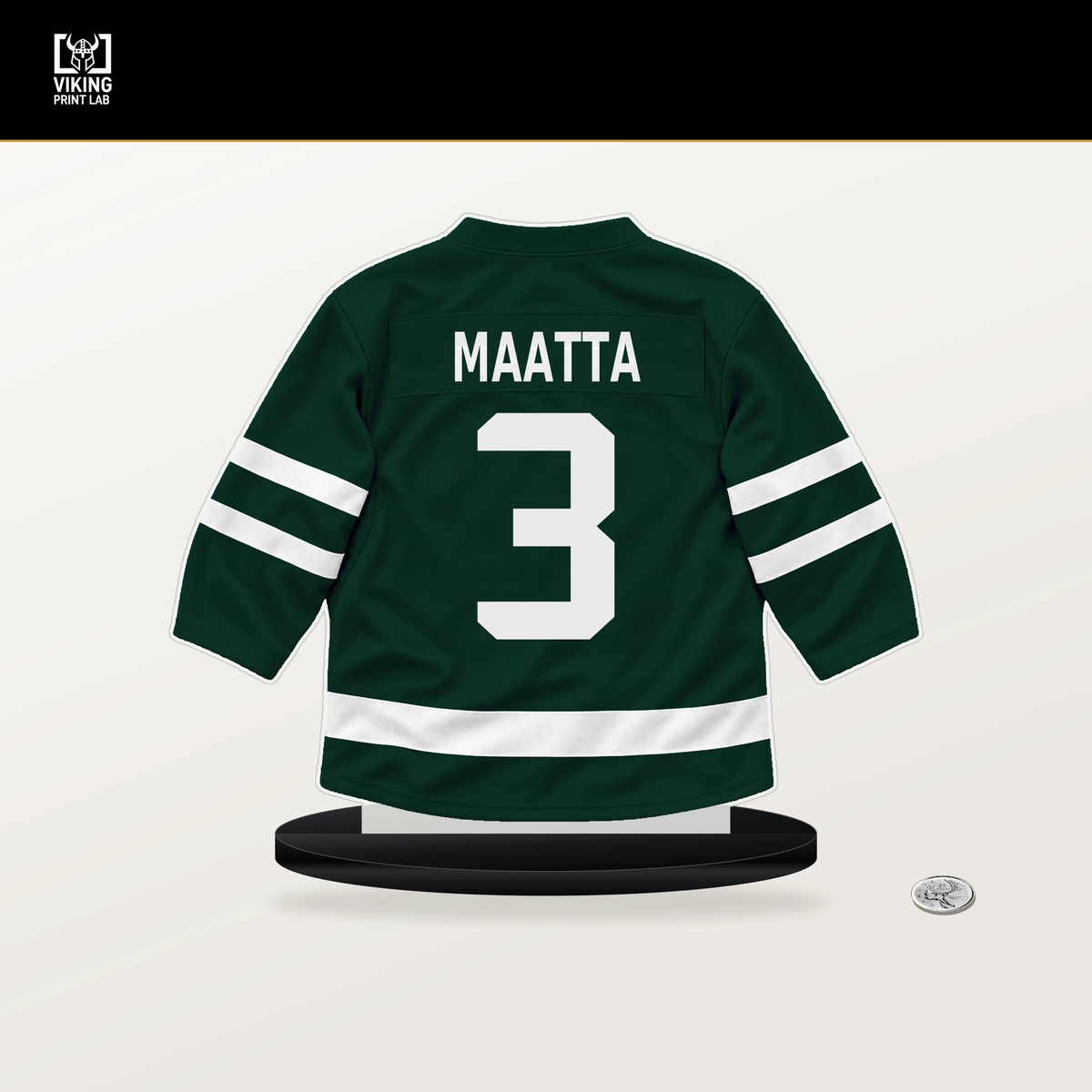 Olli Maatta number 3 Minnesota Wild jersey stand with included black base.
