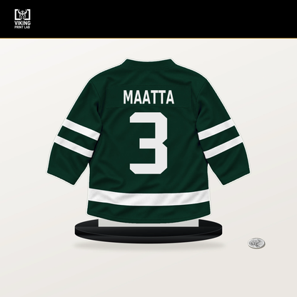 Olli Maatta number 3 Minnesota Wild jersey stand with included black base.
