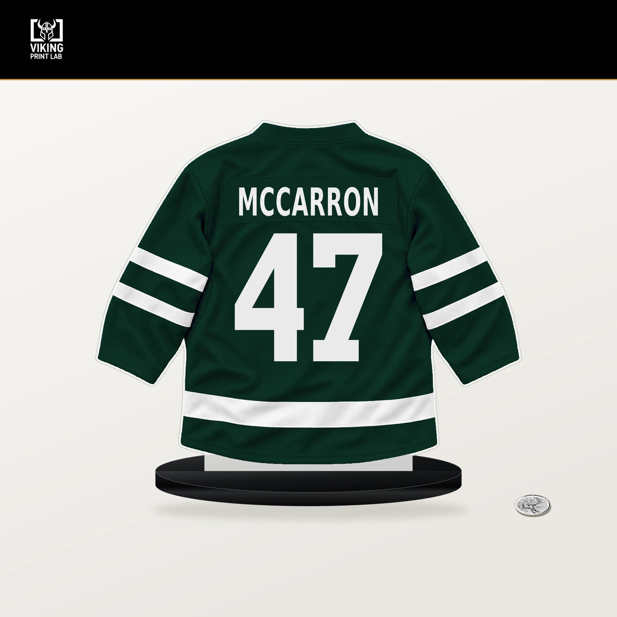 Michael McCarron number 47 Minnesota Wild jersey stand with included black base.