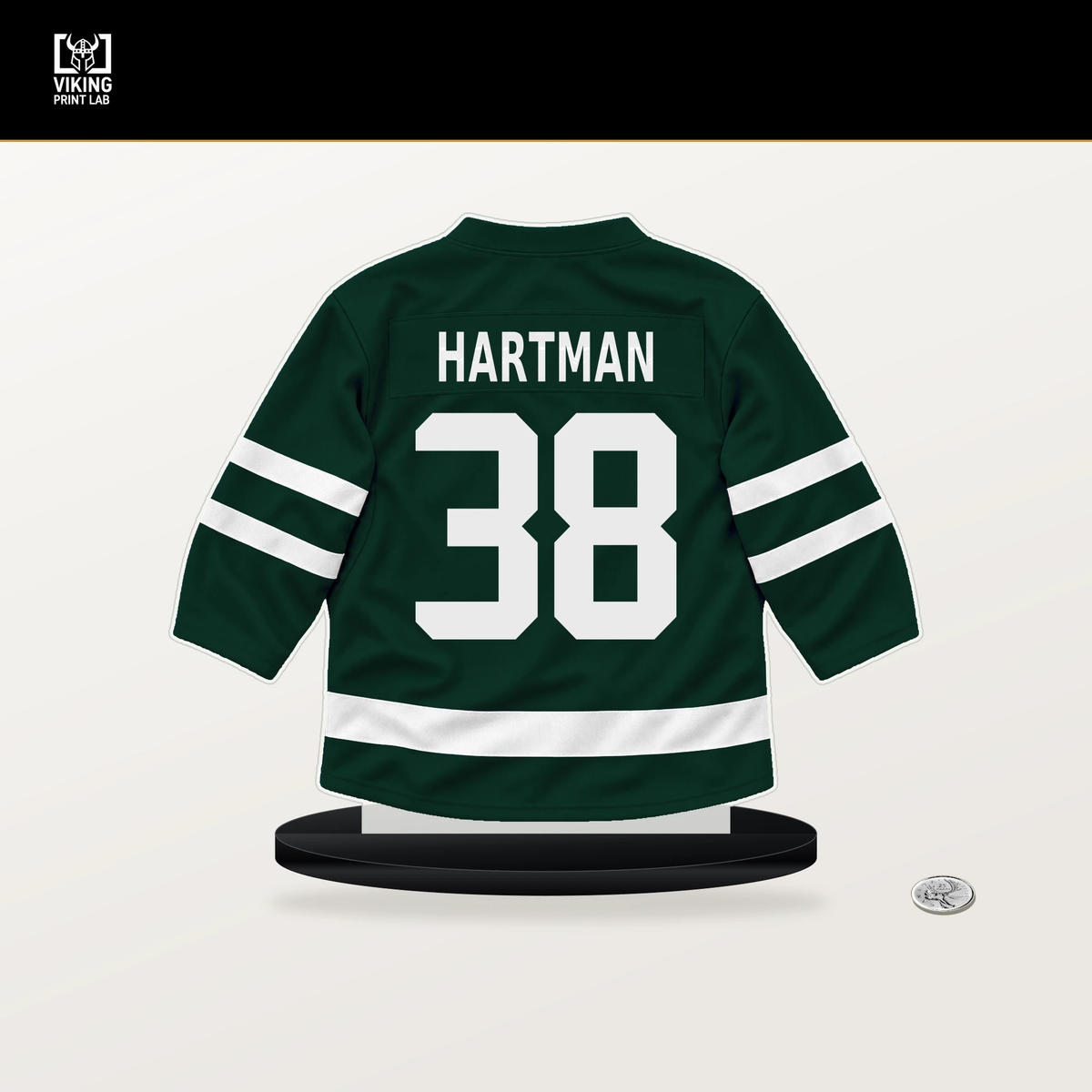 Ryan Hartman number 38 Minnesota Wild jersey stand with included black base.