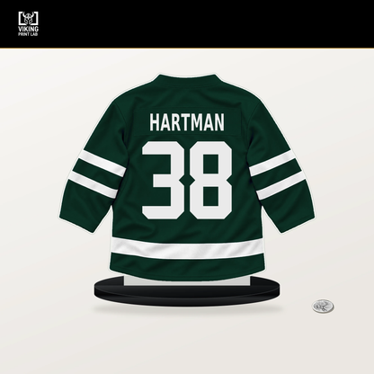 Ryan Hartman number 38 Minnesota Wild jersey stand with included black base.