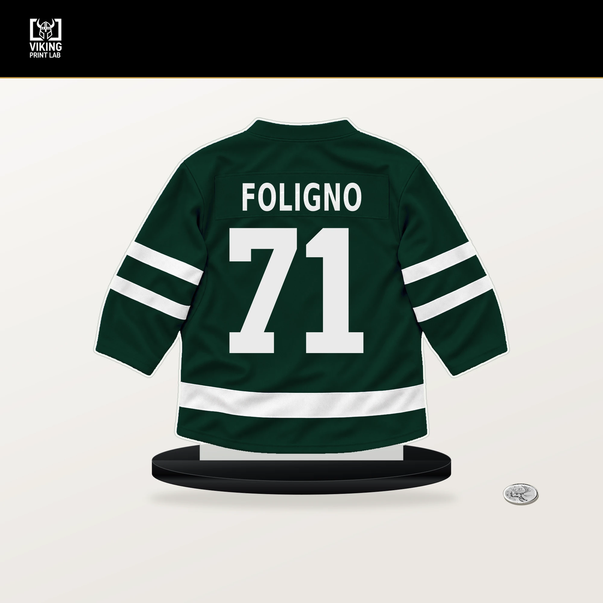 Nick Foligno number 71 Minnesota Wild jersey stand with included black base.
