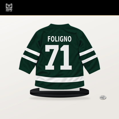 Nick Foligno number 71 Minnesota Wild jersey stand with included black base.