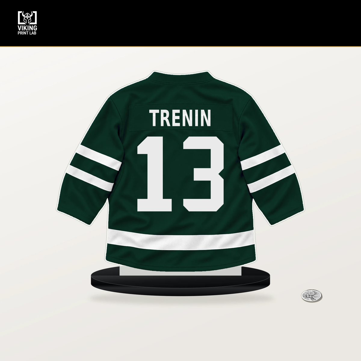 Yakov Trenin number 13 Minnesota Wild jersey stand with included black base.