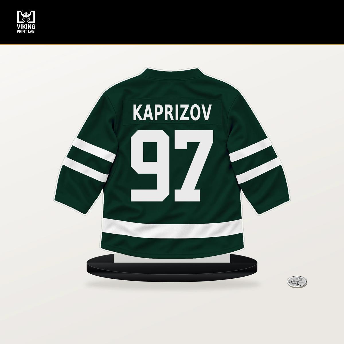 Kirill Kaprizov number 97 Minnesota Wild jersey stand with included black base.