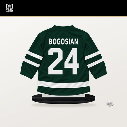 Zach Bogosian number 24 Minnesota Wild jersey stand with included black base.