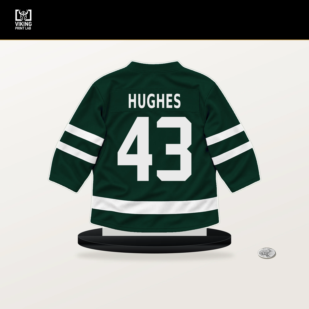 Quinn Hughes number 43 Minnesota Wild jersey stand with included black base.