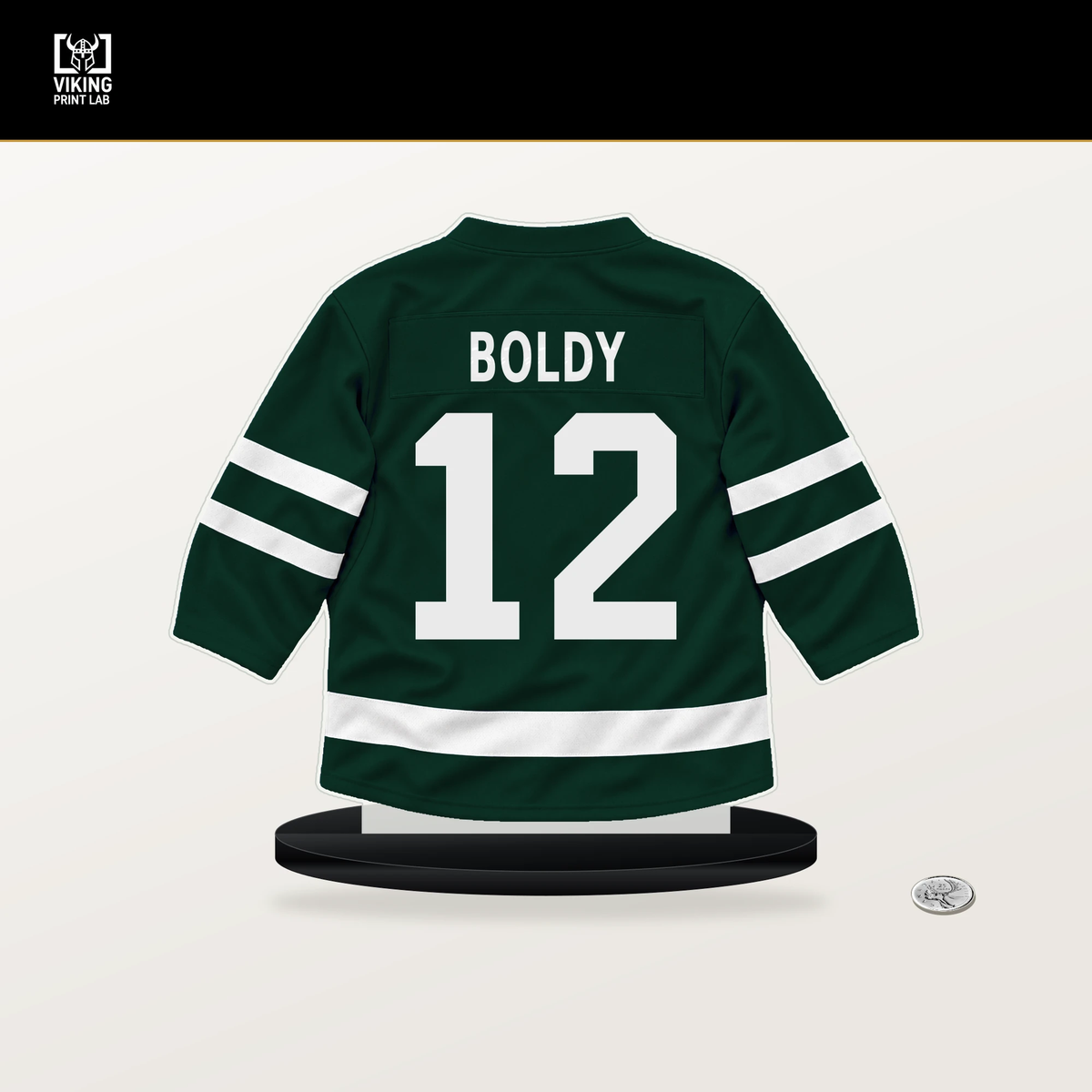 Matt Boldy number 12 Minnesota Wild jersey stand with included black base.