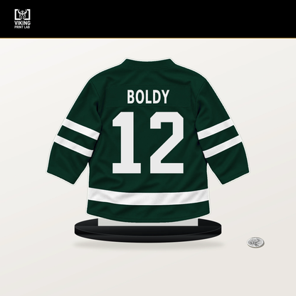 Matt Boldy number 12 Minnesota Wild jersey stand with included black base.