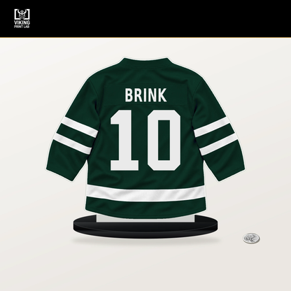 Bobby Brink number 10 Minnesota Wild jersey stand with included black base.